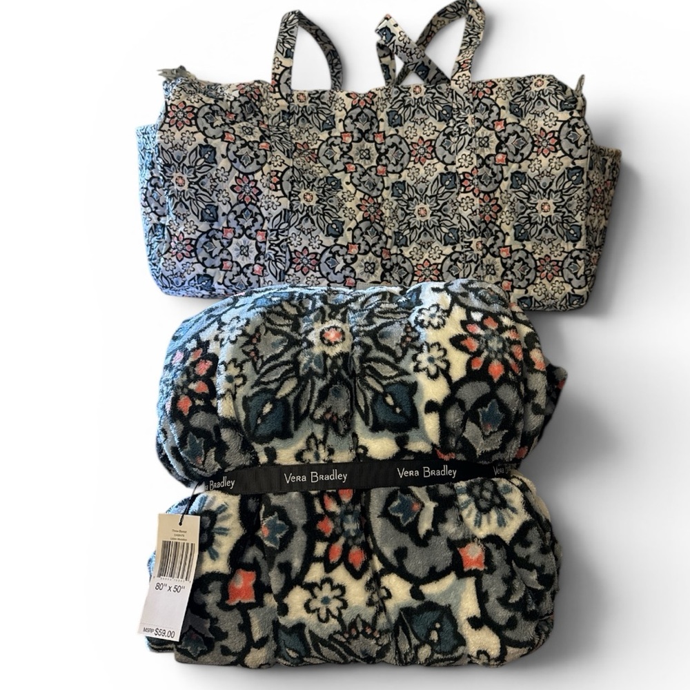 Vera Bradley quilted weekender bag with full zip top, pockets, matching blanket